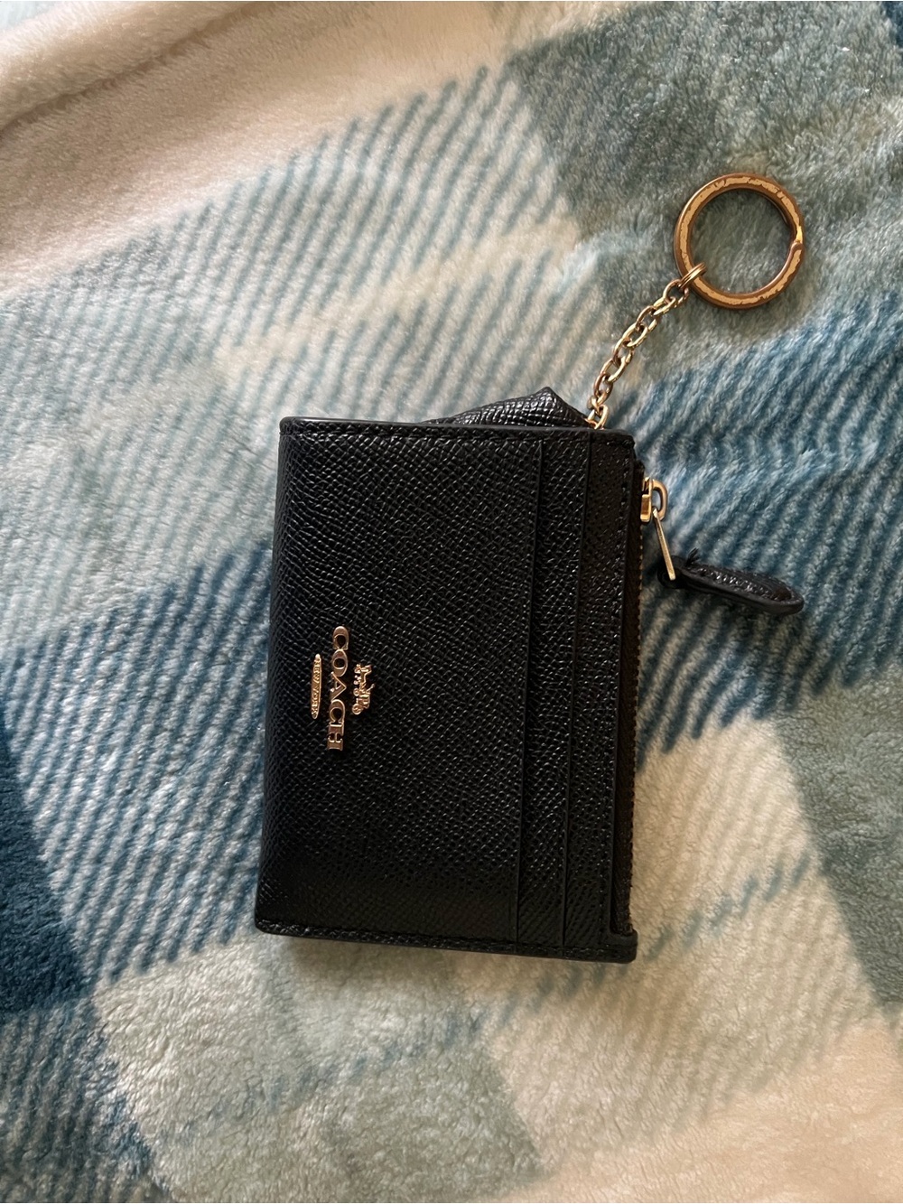 Coach Mini Skinny ID Case Black Crossgrain Leather Card Holder Keychain Wallet